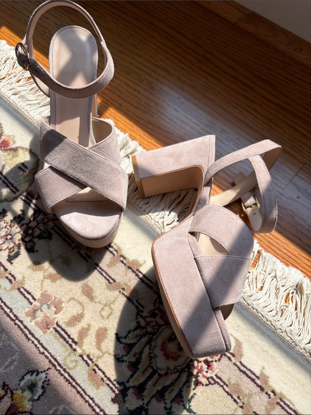 Stuart Weitzman Taupe Suede Crisscross Wedge Sandals - Picture 2 of 3